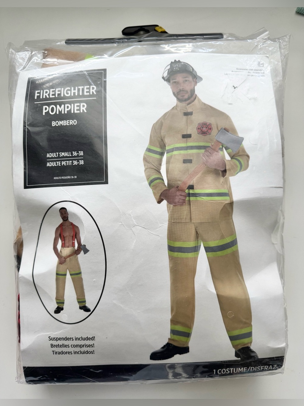 Firefighter Costume with Reflective Stripes - Tan in colour - Adult small 36-38